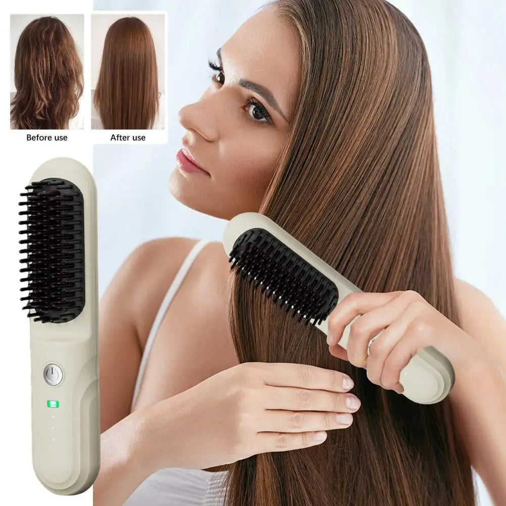 Portable Cordless Hair Straightener Brush with Fast Heating and Adjustable Temperature for Curly Hair