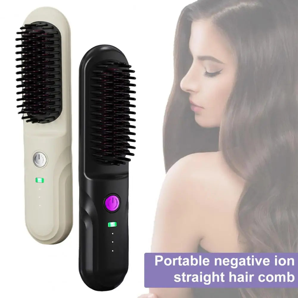 Portable Cordless Hair Straightener Brush with Fast Heating and Adjustable Temperature for Curly Hair