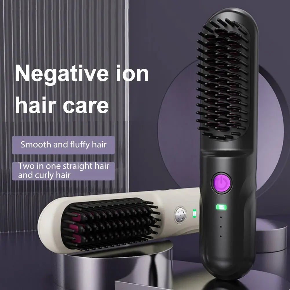 Portable Cordless Hair Straightener Brush with Fast Heating and Adjustable Temperature for Curly Hair
