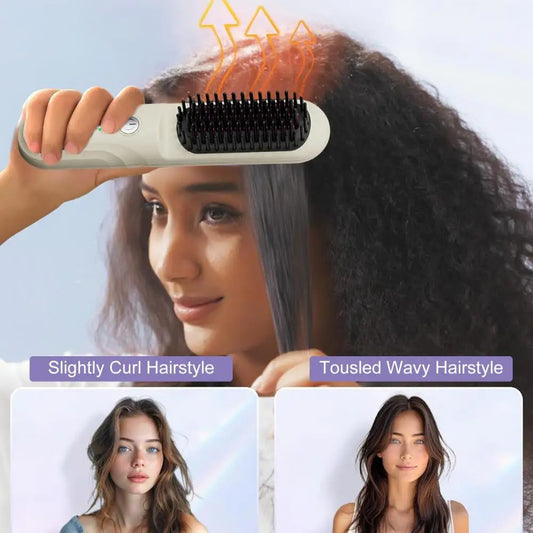 Portable Cordless Hair Straightener Brush with Fast Heating and Adjustable Temperature for Curly Hair